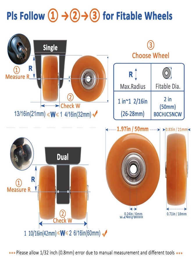 ASUNTOM Luggage Wheels Replacement Kit 4PC Diameter 2in/50mm Thick 0.7in/18mm PU Wheels with Ball Bearing 3 Size Axles Full Set Repair Tool for Suitcase Trolley Bag Draw-bar Travel Box - Image 2